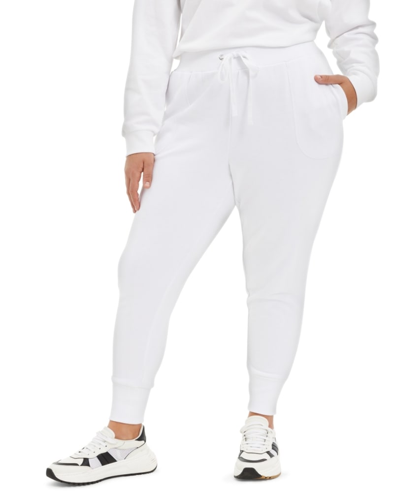 Front of a model wearing a size 2X Danielle Bernstein Women's French Terry Pants White 2X in White by Danielle Bernstein. | dia_product_style_image_id:305741